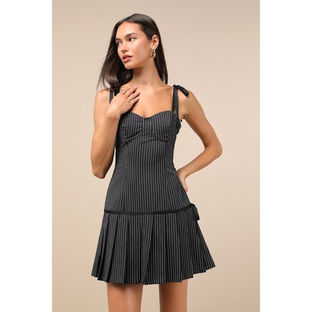 Lulus Posh Flirtation Black Pinstriped Tie-strap Drop-waist Mini Dress - Size M